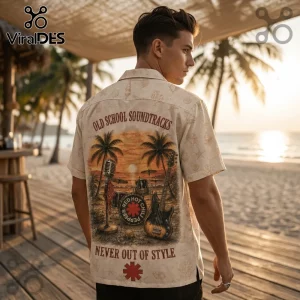 Man wearing a cream-colored button-up shirt featuring Red Hot Chili Peppers graphics and Old School Soundtracks text.!