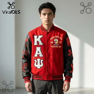 Kappa Alpha Psi varsity jacket with red wool body, black sleeves, white K A Psi letters, and embroidered organization crest.!