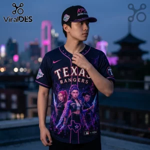 Texas Rangers baseball jersey with K-pop inspired anime graphic and purple nebula print, worn with matching black cap.!