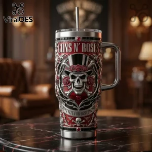 Guns N' Roses stainless steel tumbler with skull, top hat, and roses relief pattern, red and silver finish, metal straw.!