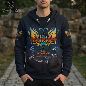 Black zip-up hoodie featuring Journey Final Frontier Tour 2026 graphic, band logo, colorful wings, and musician signatures.!