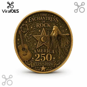 Round antique gold commemorative coin featuring Stevie Nicks, an acoustic guitar, stars, and text reading America 250 1776-2026.!