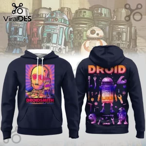 Navy blue unisex hoodie featuring C-3PO, Babu Frik, and droid graphics with neon orange and purple printed text.!