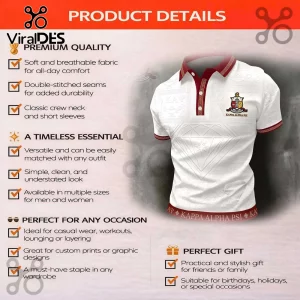 White Kappa Alpha Psi polo shirt with maroon collar, Greek lettering, diamond pattern embossing, and fraternity crest.!