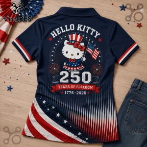 Navy blue polo shirt with Hello Kitty in a patriotic top hat holding a US flag, marked 250 years of freedom, 1776-2026.!