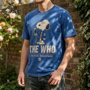 Blue vintage-wash t-shirt featuring Snoopy holding a microphone with The Who text and a Mod target logo.!