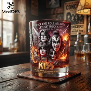 KISS band whiskey glass featuring members in stage makeup, flame graphics, and song titles on a wooden bar coaster.!