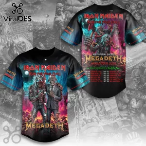 Iron Maiden and Megadeth Run For Your Lives baseball jersey featuring Eddie skeleton graphics on black polyester fabric.!