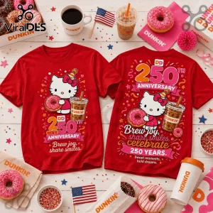 Two red cotton t-shirts featuring Hello Kitty with a Dunkin donut and iced coffee for a 250th anniversary celebration.!