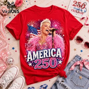 Red cotton crewneck t-shirt featuring pop singer P!nk, American flag, pink feathers, and text reading AMERICA 250.!