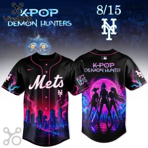 New York Mets baseball jersey featuring neon pink and blue city skyline and K-pop demon hunter anime graphics.!