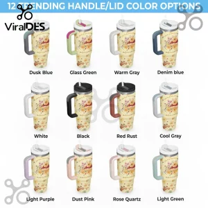 Twelve Winnie the Pooh insulated tumblers with floral patterns and diverse colored handles and lids.!