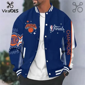 New York Knicks royal blue varsity jacket with orange accents, NBA Finals logo, and Champions text on the sleeve.!