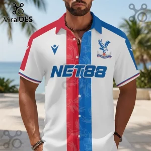 Crystal Palace FC button-down shirt with white, red, and blue stripes, eagle logo, and NET88 text on a beach backdrop.!