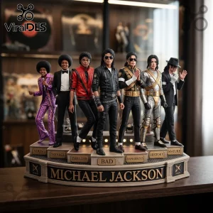 Seven Michael Jackson figurines on a tiered display base labeled Young, Teenage, Thriller, Bad, Dangerous, History, Mature.!