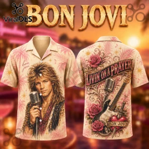 Bon Jovi Hawaiian shirt featuring Jon Bon Jovi with microphone on front and Livin on a Prayer text on the back.!