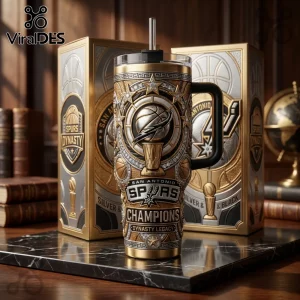 San Antonio Spurs gold and silver insulated tumbler with basketball trophy motif, straw, and matching display box.!