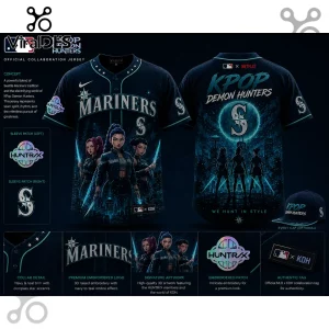 Navy and teal Seattle Mariners baseball jersey featuring K-pop Demon Hunters graphics, sleeve patches, and MLB branding.!