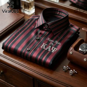 Kappa Alpha Psi dress shirt with vertical black and burgundy stripes, embroidered white fraternity letters and logo.!