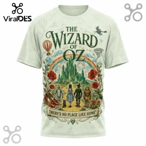 Wizard of Oz cream t-shirt featuring Dorothy, Tin Man, Scarecrow, Lion, Emerald City, and text There is no place like home.!