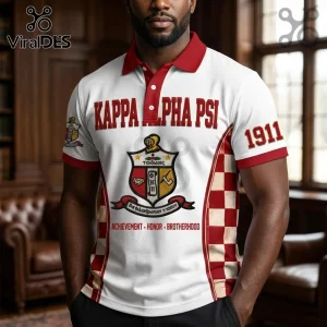 Kappa Alpha Psi polo shirt in white and red with fraternity crest, 1911 text, and Achievement Honor Brotherhood slogan.!