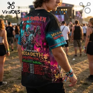 Iron Maiden and Megadeth 2026 tour graphic t-shirt featuring Eddie character artwork and tour dates on black fabric.!