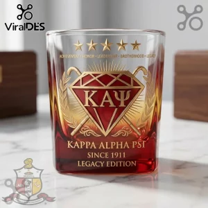 Kappa Alpha Psi whiskey glass with red-to-amber gradient, gold diamond emblem, five stars, and legacy engraving text.!