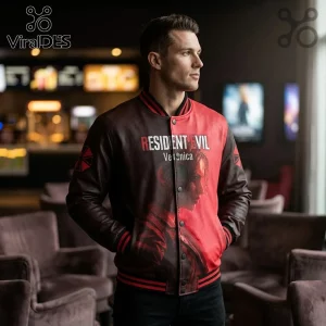 Man wearing a red and brown Resident Evil Code Veronica leather varsity jacket with Umbrella Corporation logos.!