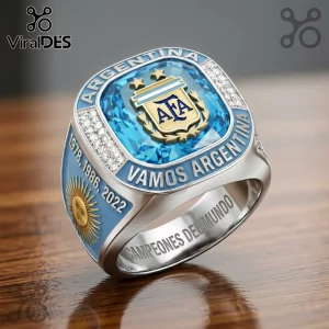 Argentina commemorative silver championship ring with blue gem, AFA logo, years 1978, 1986, 2022, and gold sun symbol.!