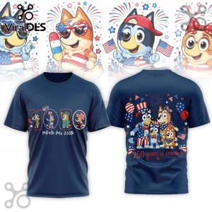 Navy blue t-shirt with patriotic Bluey character graphics, American flag themes, and 250 years of freedom text.!