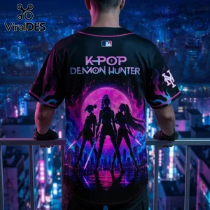 Black baseball jersey with K-POP DEMON HUNTER text, featuring a neon purple moon and three anime female warriors.!