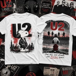 White cotton t-shirt with front and back U2 and Snoopy graphics featuring red and black ink over a cityscape background.!