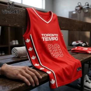 Red basketball jersey with white Toronto Tempo text, double zero numbering, and a side stripe featuring maple leaf icons.!