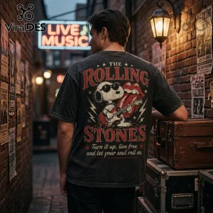 Charcoal acid-wash t-shirt with Snoopy playing electric guitar graphic and The Rolling Stones logo on the back.!