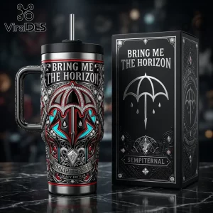 Bring Me The Horizon Sempiternal stainless steel tumbler with metal straw and matching black decorative display box.!