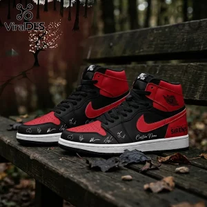 Custom Nike Air Jordan high-top sneakers in red and black with white soles, featuring signatures and Sleeping With Sirens text.!