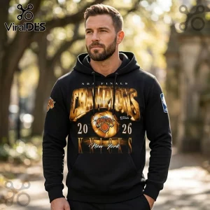 Black hooded sweatshirt with New York Knicks 2026 NBA Finals Champions graphic featuring a basketball and gold lettering.!