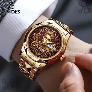 Gold-tone wristwatch featuring an Elvis Presley portrait and text King of Rock n Roll on a maroon circular dial.!
