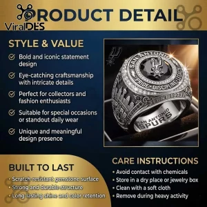 San Antonio Spurs championship-style ring with black center stone, silver finish, and etched city skyline details.!