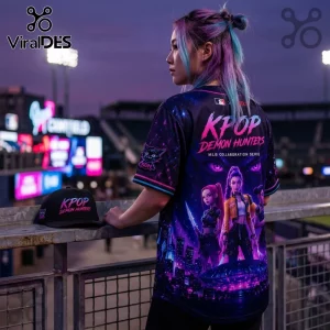 Woman wearing K-pop Demon Hunters MLB collaboration jersey and matching cap at a stadium with purple neon city graphics.!