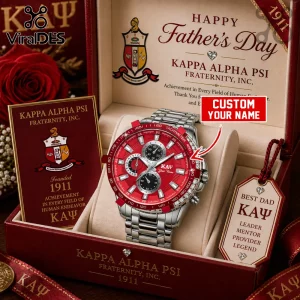 Kappa Alpha Psi branded silver chronograph watch with red face inside a personalized velvet-lined gift box with tags.!