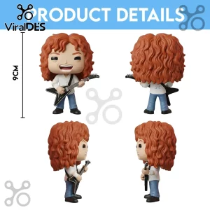 Eddie Munson 9cm vinyl figure playing a black V-shaped electric guitar with curly brown hair, white shirt, and blue jeans.!