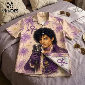 Prince portrait button-down shirt with purple palm trees, Love Symbol, microphone, and rose graphics on beige fabric.!