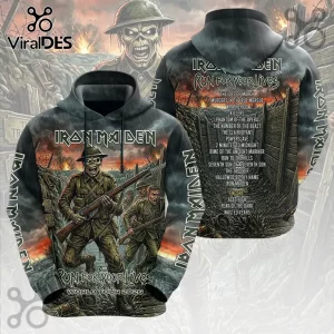 Iron Maiden Run For Your Lives 2026 tour hoodie featuring Eddie the mascot in a trench warfare battlefield graphic print.!