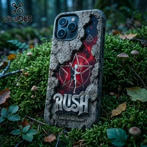 Rush band phone case with stone-textured frame, red nebula background, Starman logo, and Closer to the Heart text.!