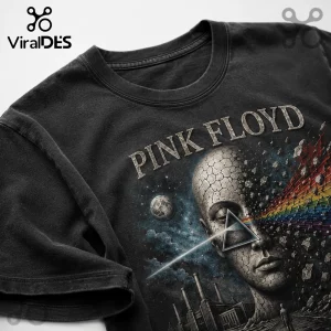 Black cotton t-shirt featuring Pink Floyd graphic with a stone texture face, prism, rainbow spectrum, and moon.!