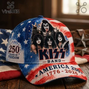 KISS band baseball cap with American flag print, text 250 Years of Freedom and America 250 1776-2026 on wood background.!