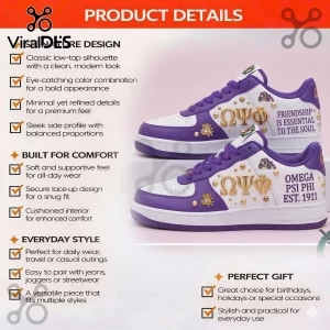 White and purple Omega Psi Phi low-top sneakers featuring gold Greek letters, bulldog graphics, and embroidered text.!