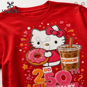 Hello Kitty holding a frosted donut and Dunkin iced coffee graphic on a red cotton t-shirt with 250th anniversary text.!