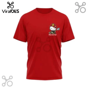 Red crew neck t-shirt featuring a Hello Kitty firefighter graphic on the left chest with text reading BUILT BY FIRE.!